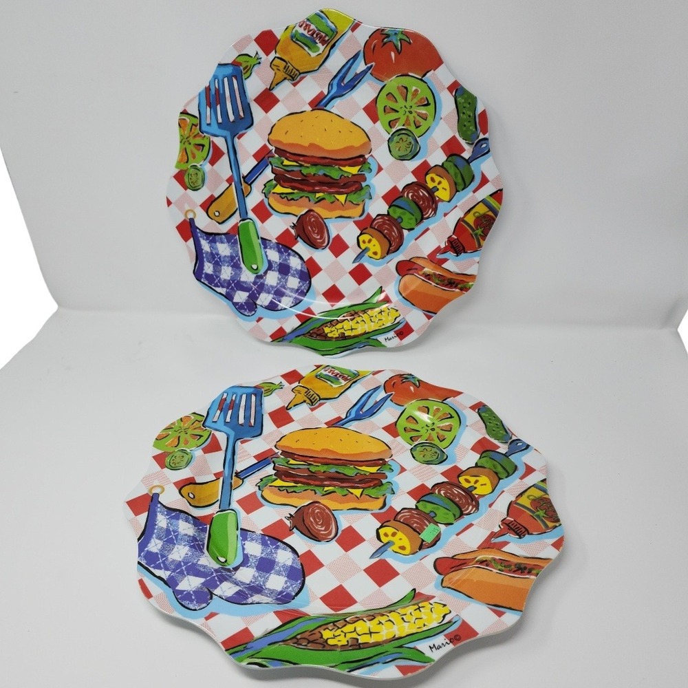 Melamine Ware Plates Set 2 BBQ Hamburger Picnic Grilling Kitsch Mario Bosco 14"